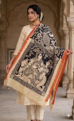 Handcrafted Kalamkari Silk Dupatta - Image 4