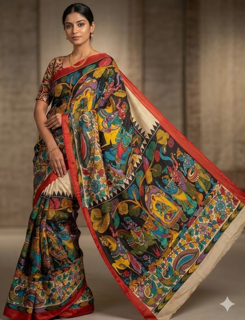 Hand painted Kalamkari Silk Saree - Image 4