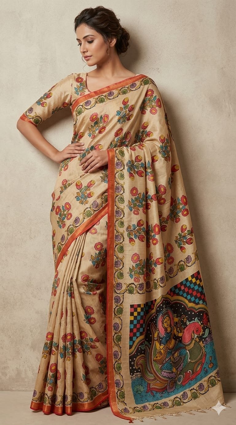 Hand-painted kalamkari silk saree