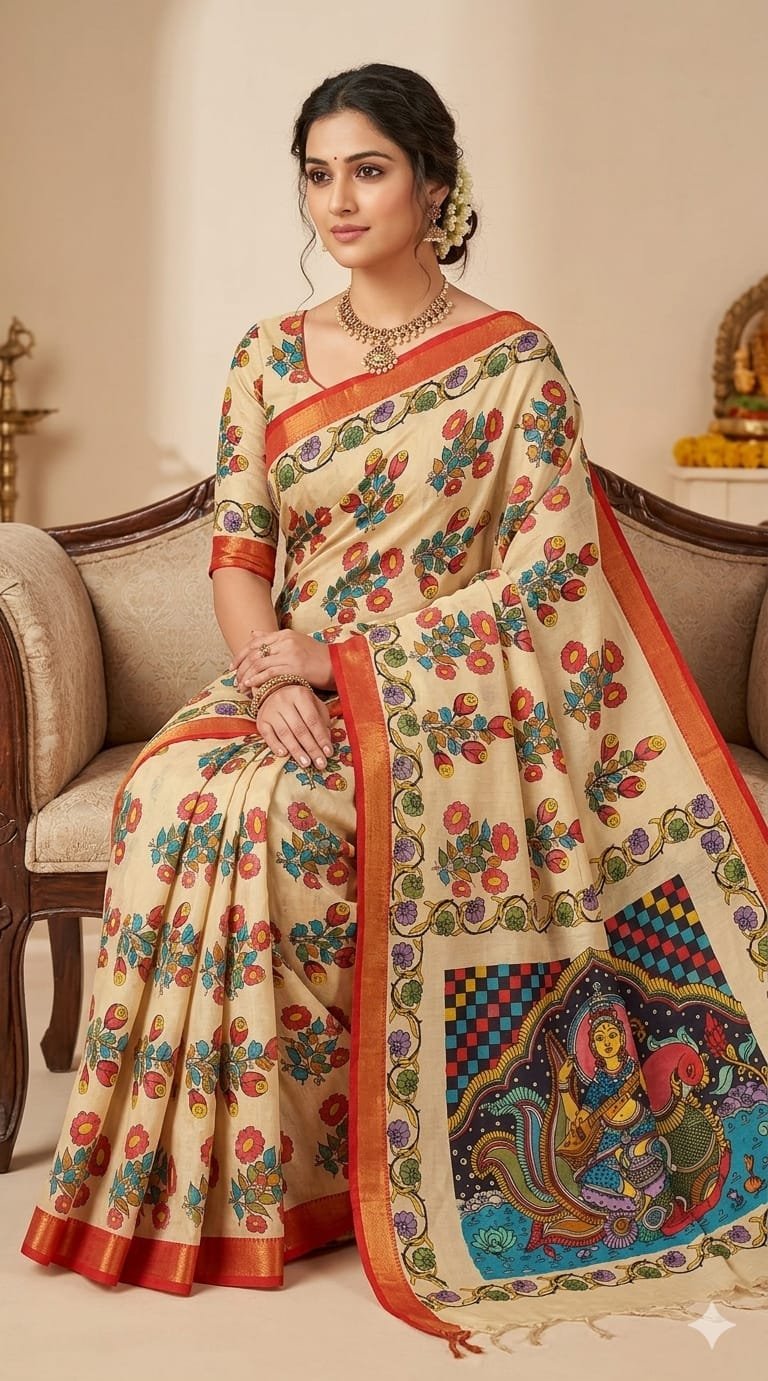 Hand-painted kalamkari silk saree - Image 5