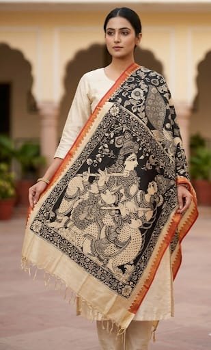 Handcrafted Kalamkari Silk Dupatta - Image 5
