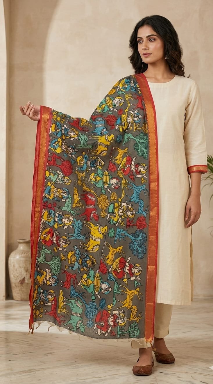 Handpainted Kalamkari Dupatta - Image 2
