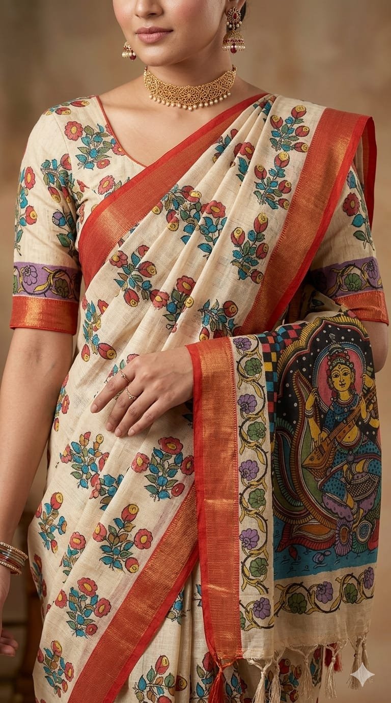 Hand-painted kalamkari silk saree - Image 4