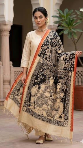 Handcrafted Kalamkari Silk Dupatta - Image 6