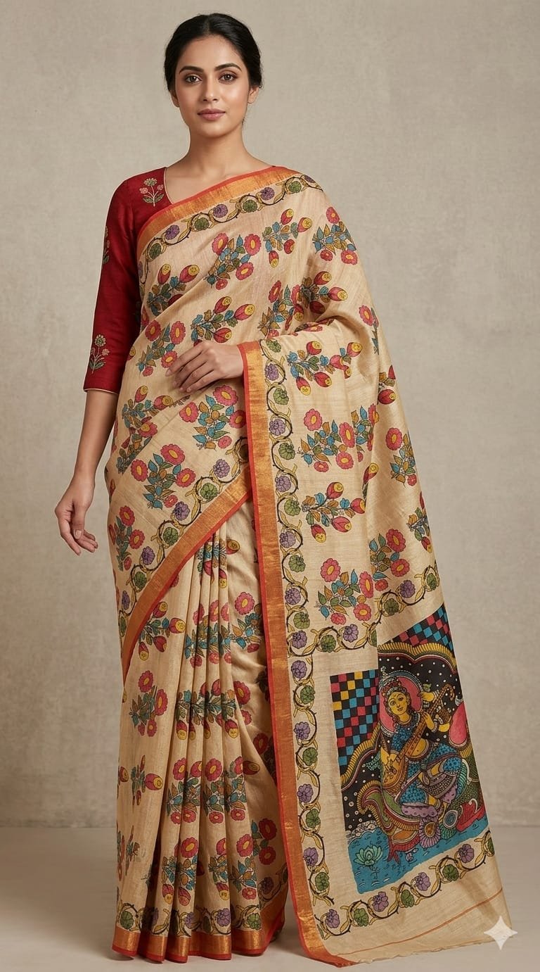 Hand-painted kalamkari silk saree - Image 3