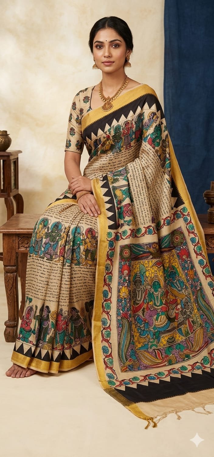 Hand painted kalamari silk saree - Image 4