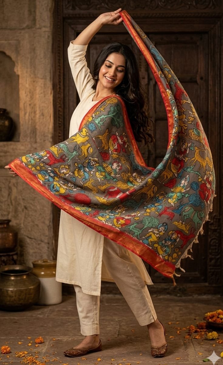 Handpainted Kalamkari Dupatta - Image 3