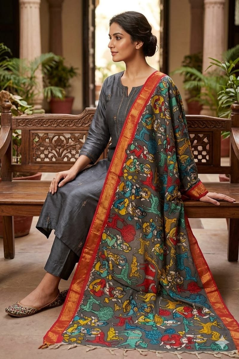 Handpainted Kalamkari Dupatta - Image 4