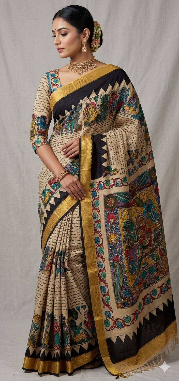 Hand painted kalamari silk saree