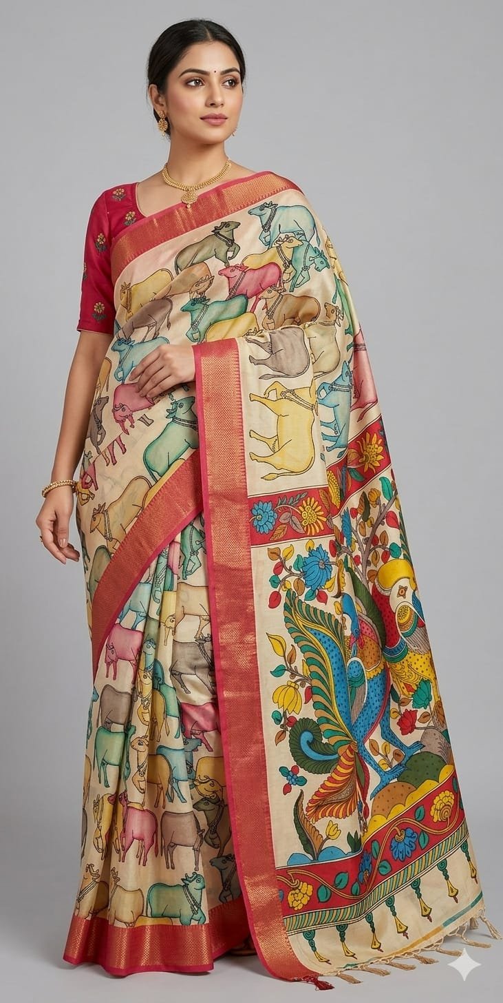 Hand-painted kalamari silk saree